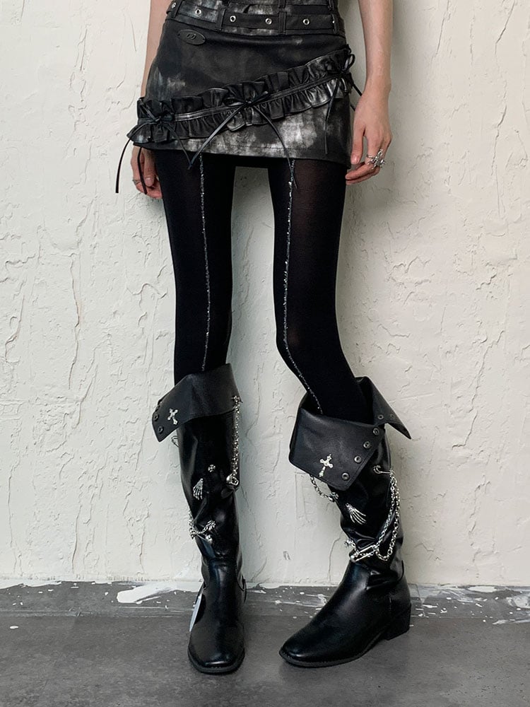 Y2K Black Tights with White Line Print