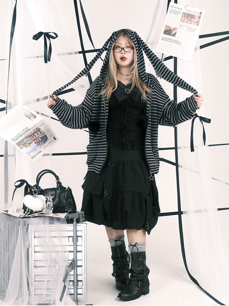 Skirt Hooked Black Plus Elastic Bubble with Knee-Length Waist Size Pockets