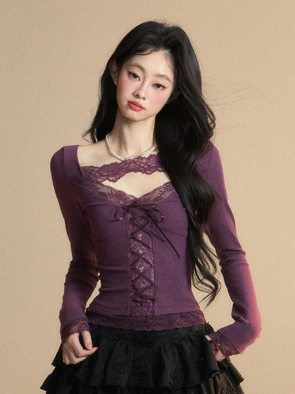 Glamouröses Top mit Schnürung, lila V-Ausschnitt, kontrastierende Spitzenaufnäher vorne