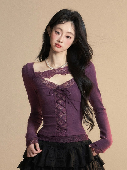 Glamouröses Top mit Schnürung, lila V-Ausschnitt, kontrastierende Spitzenaufnäher vorne