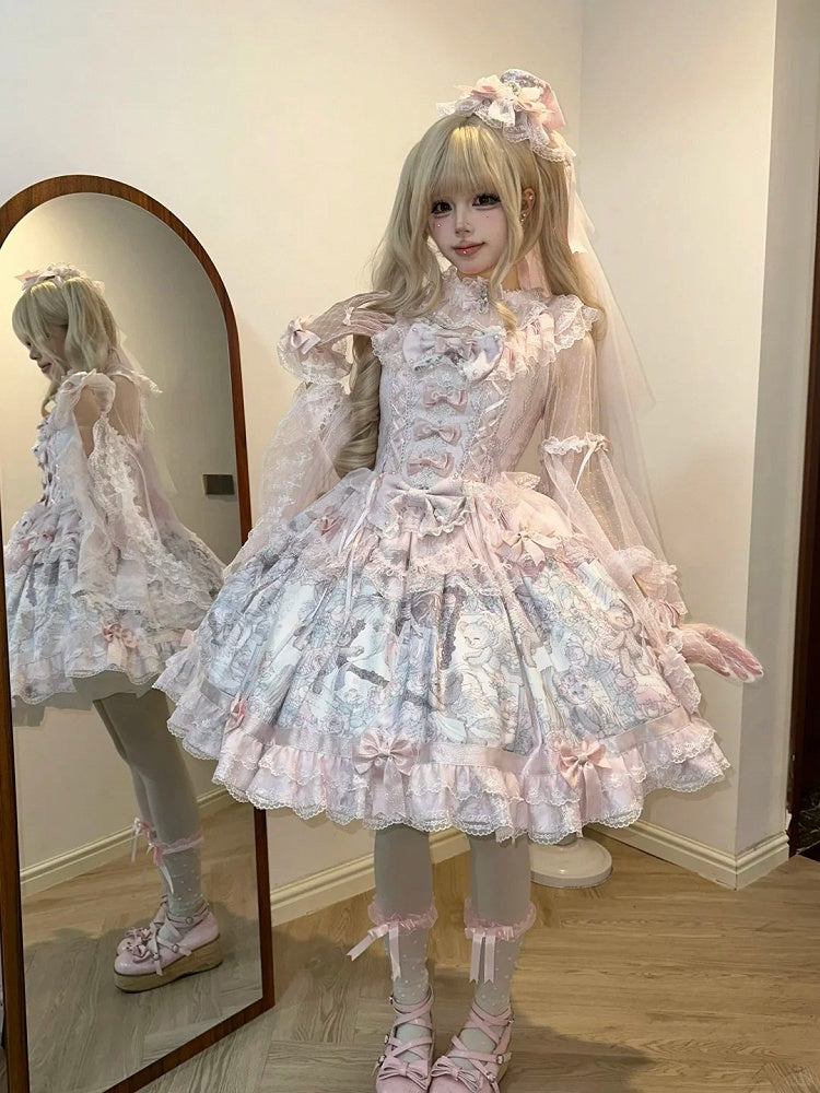 Sweet Pink Bowknot Hem Bear JSK Angel Dress with Decorated Print Lolita
