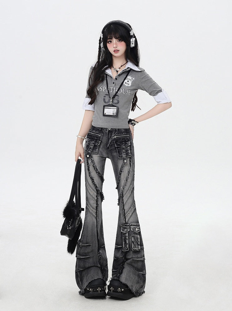 Black Rise Raw Hem Faded Wash Flared Cargo Jeans Y2K Low