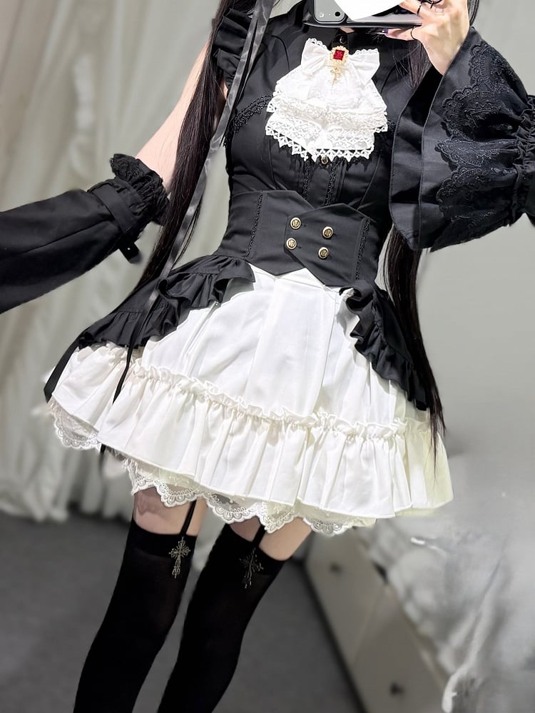 Double-Breasted Ruffle Cascading Gothic Corset Overlay with Belt Black