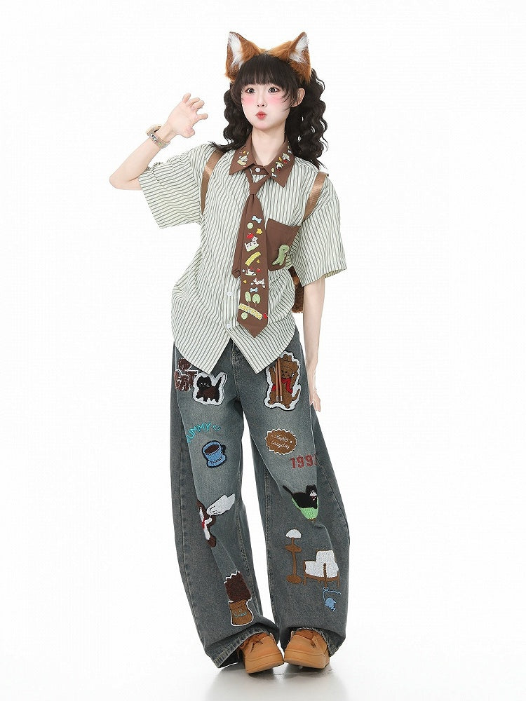 Green Striped Puppy Embroidered Tie Shirt - Languid Park