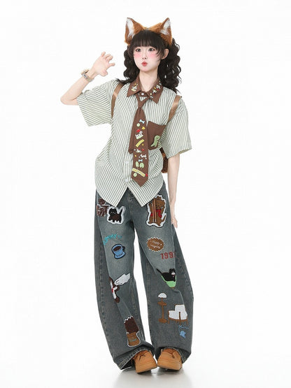 Green Striped Puppy Embroidered Tie Shirt - Languid Park