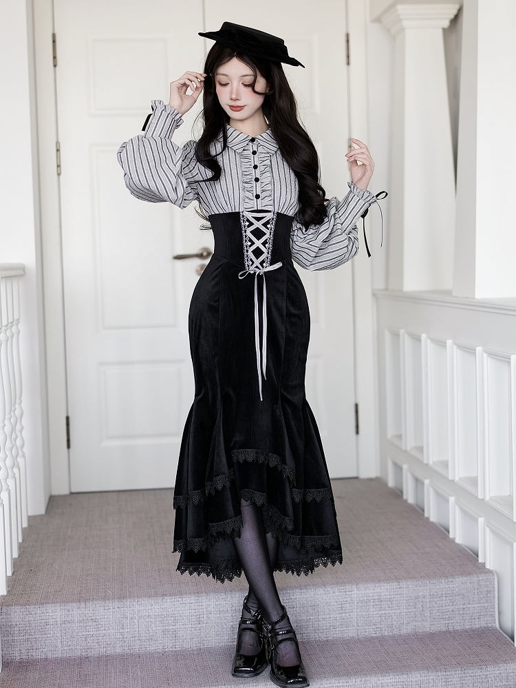 Blouse Mermaid Fake Black Pieces Two Waist and Lolita Skirt Boned Design Dress Striped