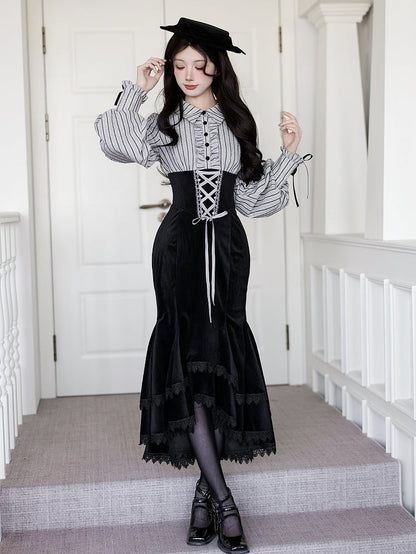 Blouse Mermaid Fake Black Pieces Two Waist and Lolita Skirt Boned Design Dress Striped