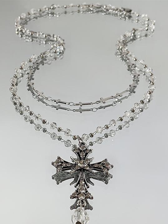 Silver With Pendant Necklace Gothic Cross Multi-Layered