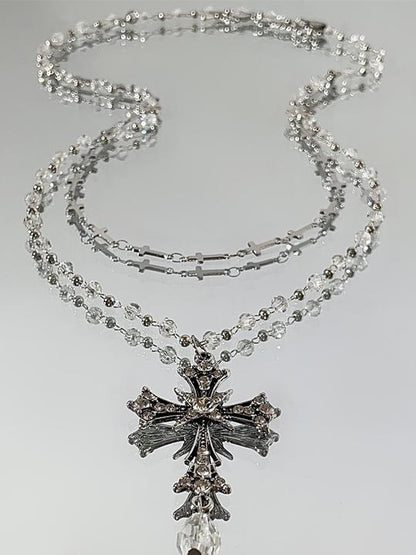 Silver With Pendant Necklace Gothic Cross Multi-Layered