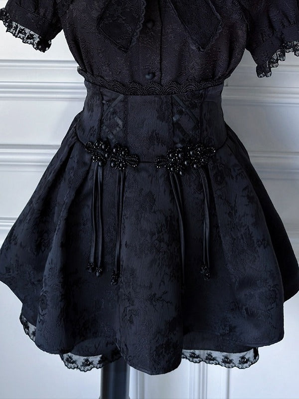 Jirai-Kei Black Jacquard High-Rise Skirt with Attached Shorts - Angel Share