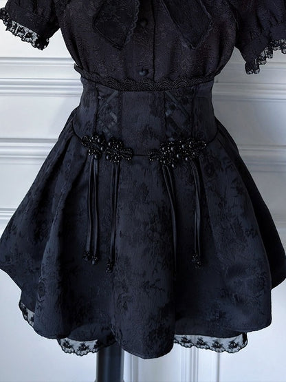 Jirai-Kei Black Jacquard High-Rise Skirt with Attached Shorts - Angel Share