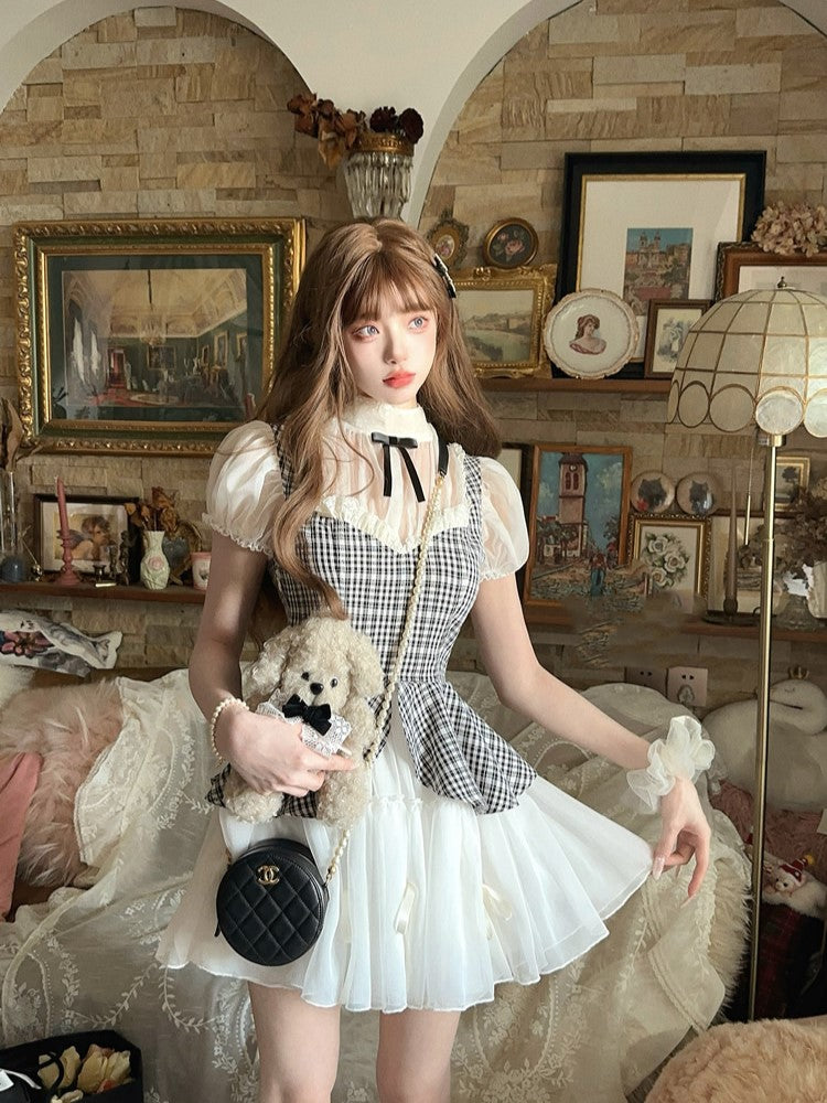 Dress Pattern Plaid Black Faux White Two-Piece With