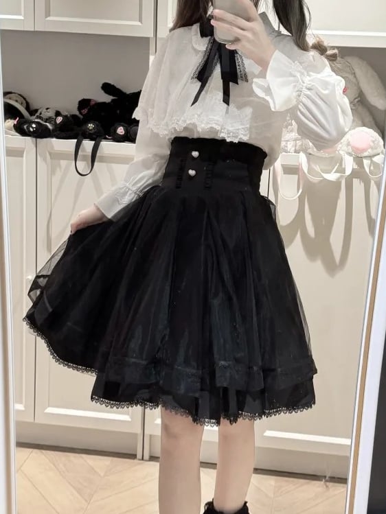 Jirai Long Design Detailed - Tiered Skirt Black High-Waist Heart Button Kei Version