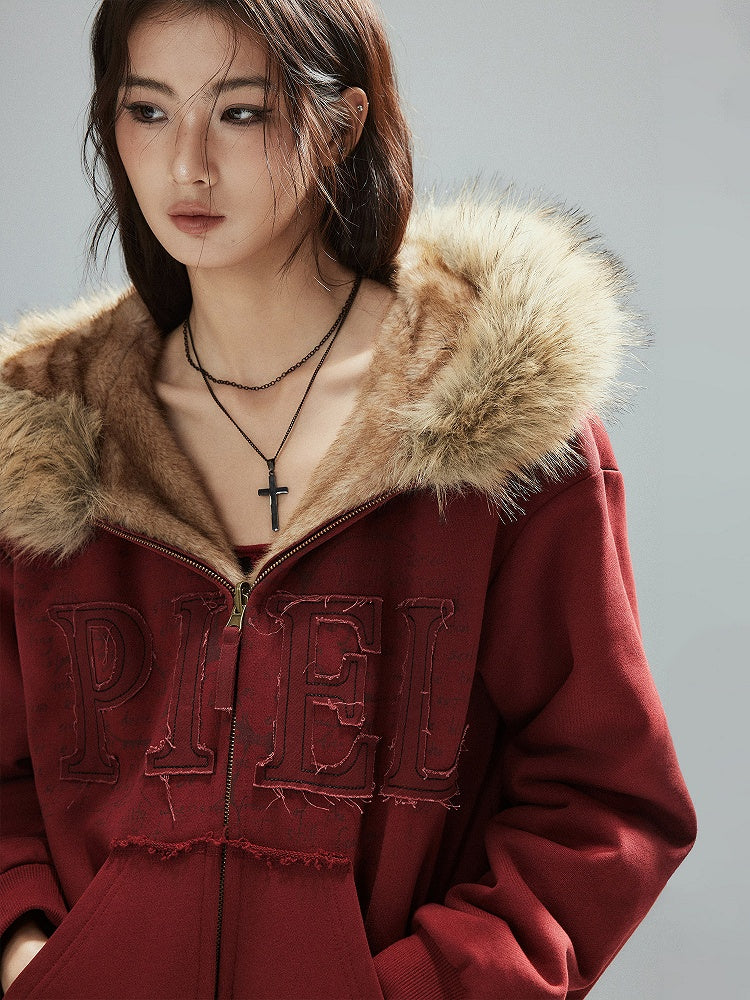 Patch Plush-lined - Red Letter Closure Jacket Zip Hood Vintage Details Wine