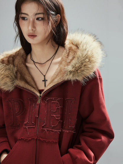 Patch Plush-lined - Red Letter Closure Jacket Zip Hood Vintage Details Wine