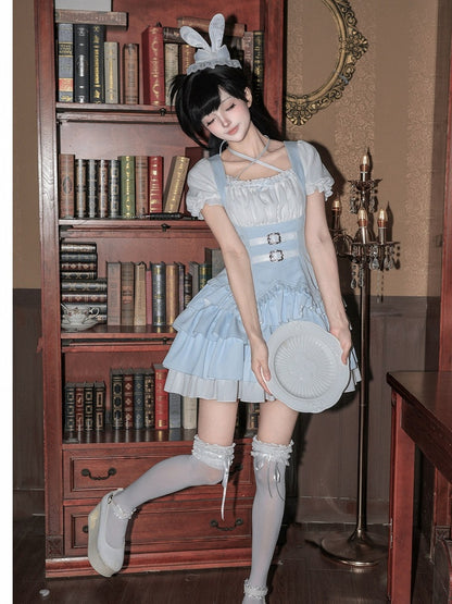 Blue & White Striped OP Dress Set with Necklace and Rabbit Hat - With PUJI