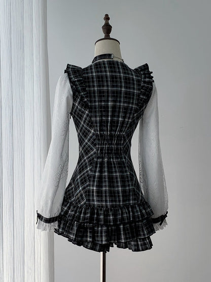 Jirai Kei Two-Piece Set: Plaid Square-Neck Long-Sleeve Dress & Ruffle Shorts - Ekomi