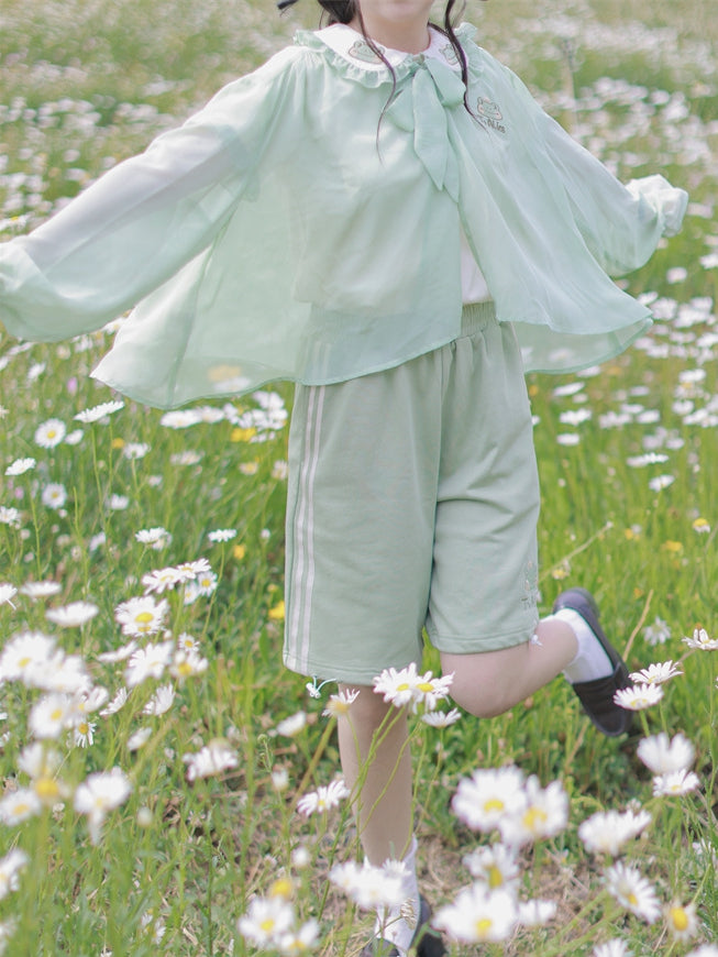 Halbtransparentes Sonnenschutz-Oberteil mit Froschhaube, hellgrüner Chiffon