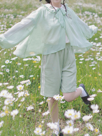 Halbtransparentes Sonnenschutz-Oberteil mit Froschhaube, hellgrüner Chiffon