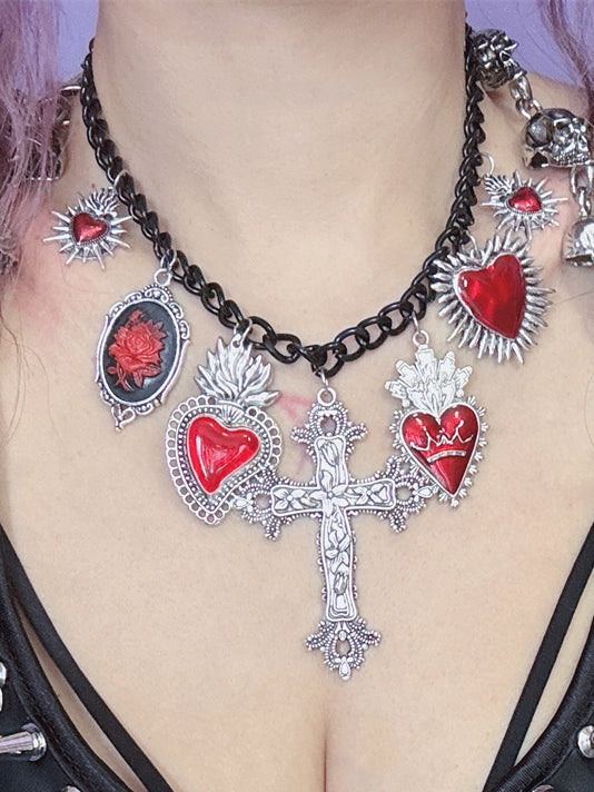 Herz Halskette Rot/Schwarz Y2K Kreuz Anhänger Floral Und