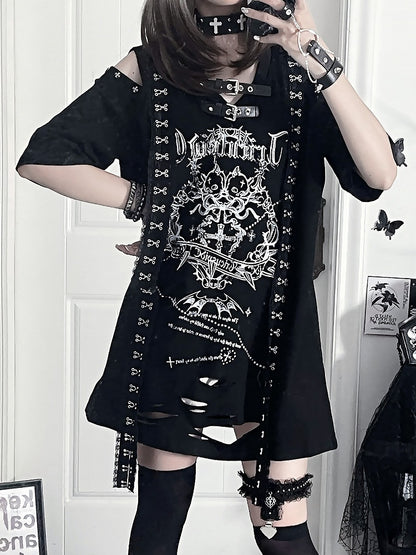 with Sleeve White Lace Straps Shoudler Drop Gothic Cross Short Black Trimmed Print T-shirt