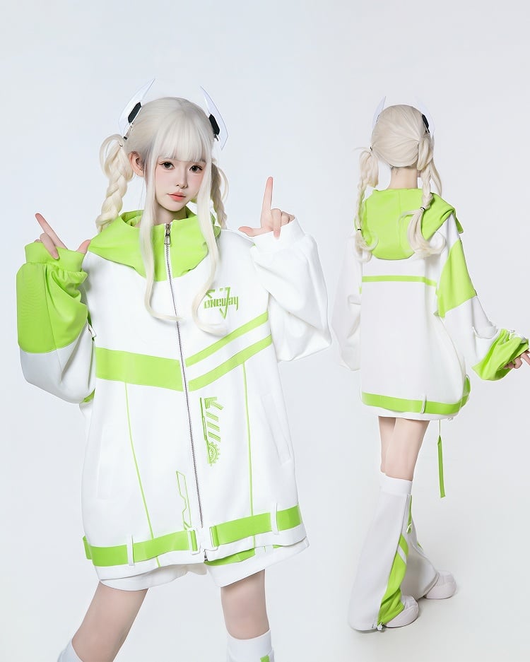 Green Jacket Futuristic with White Landmine Colorblock Hooded Style