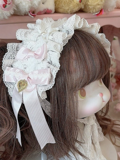 Pattern Striped Details Decorated Heart Hairband Bowknot Pink Ruffled