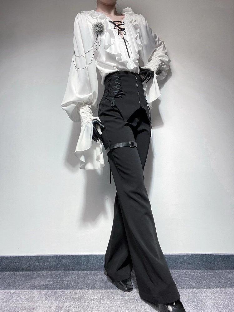 Black Corset High-Waist Pants with Buckle Details - Shi Zhi Mao