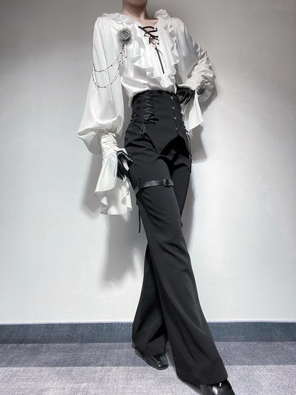 Black Corset High-Waist Pants with Buckle Details - Shi Zhi Mao