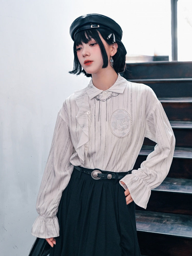 Gothic Shoulder Accents Ribbon White Asymmetrical with Jellyfish Cheongsam Blouse Embroidery