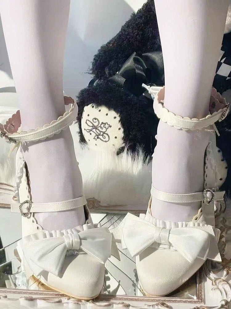 Sophisticated Pumps Bow - Heel with White Details Accents Design Lolita Shaped Ruffle Uniquely