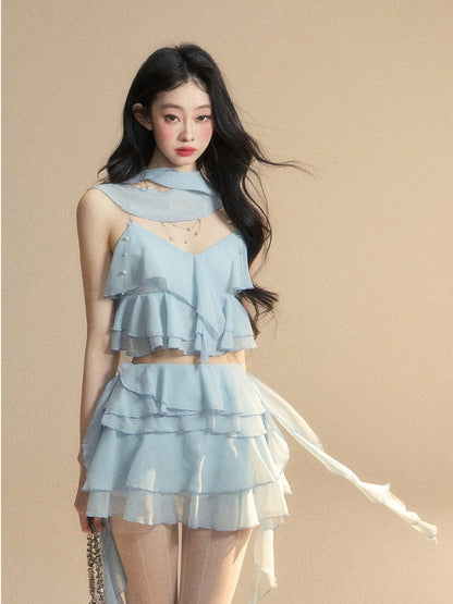 Blue Chiffon Tiered Skirt Mini Asymmetrical Ruffled Hem Slim-fitting