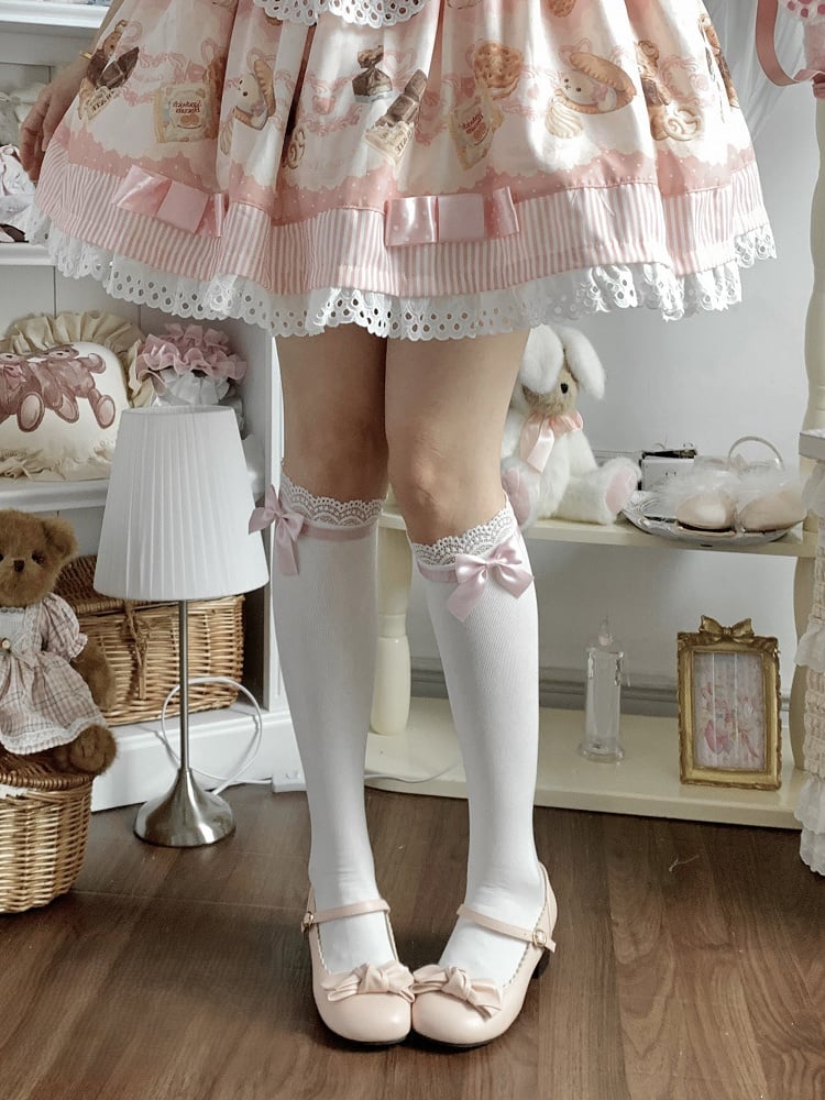 Bowknot Black/Pink Lace Trim Stockings