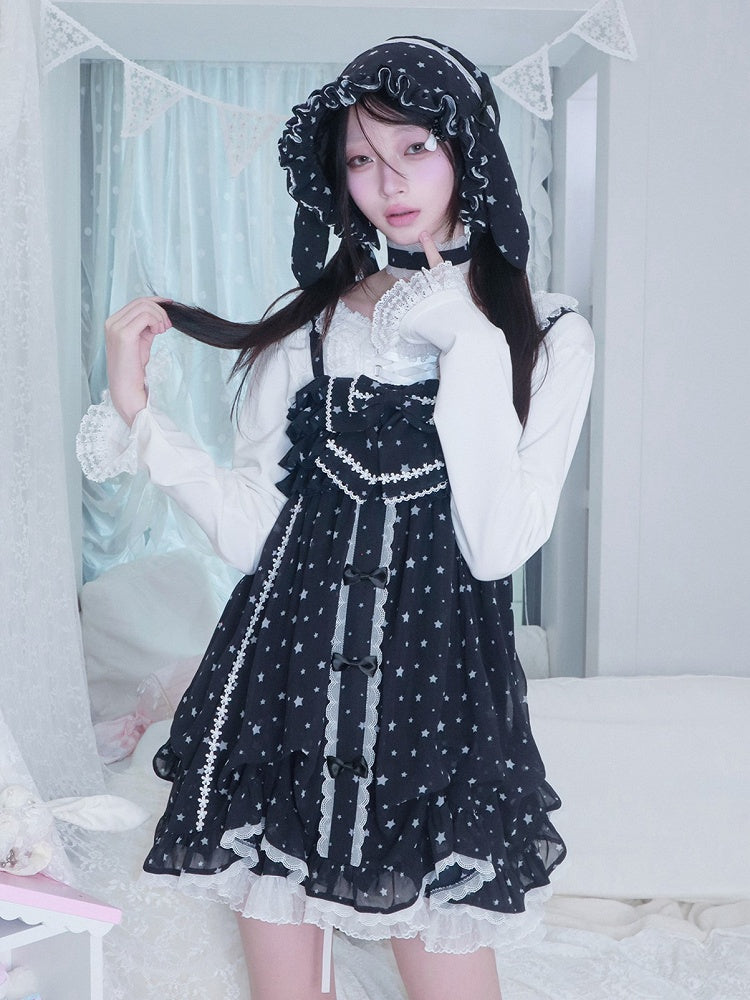 Dress Choker Star Oversized Matching with Tiered Navy Slip Bow White Kawaii Blue Print
