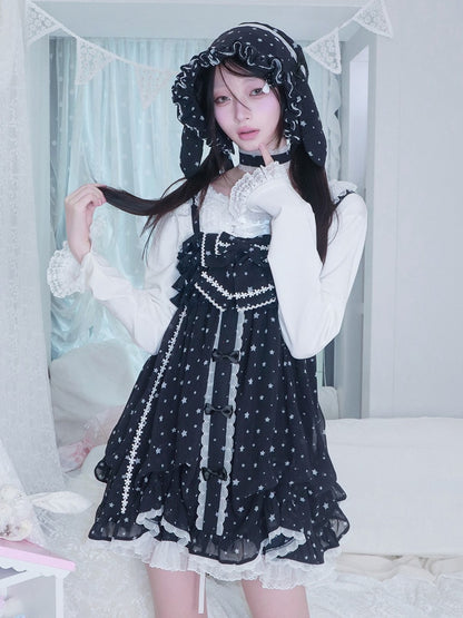 Dress Choker Star Oversized Matching with Tiered Navy Slip Bow White Kawaii Blue Print