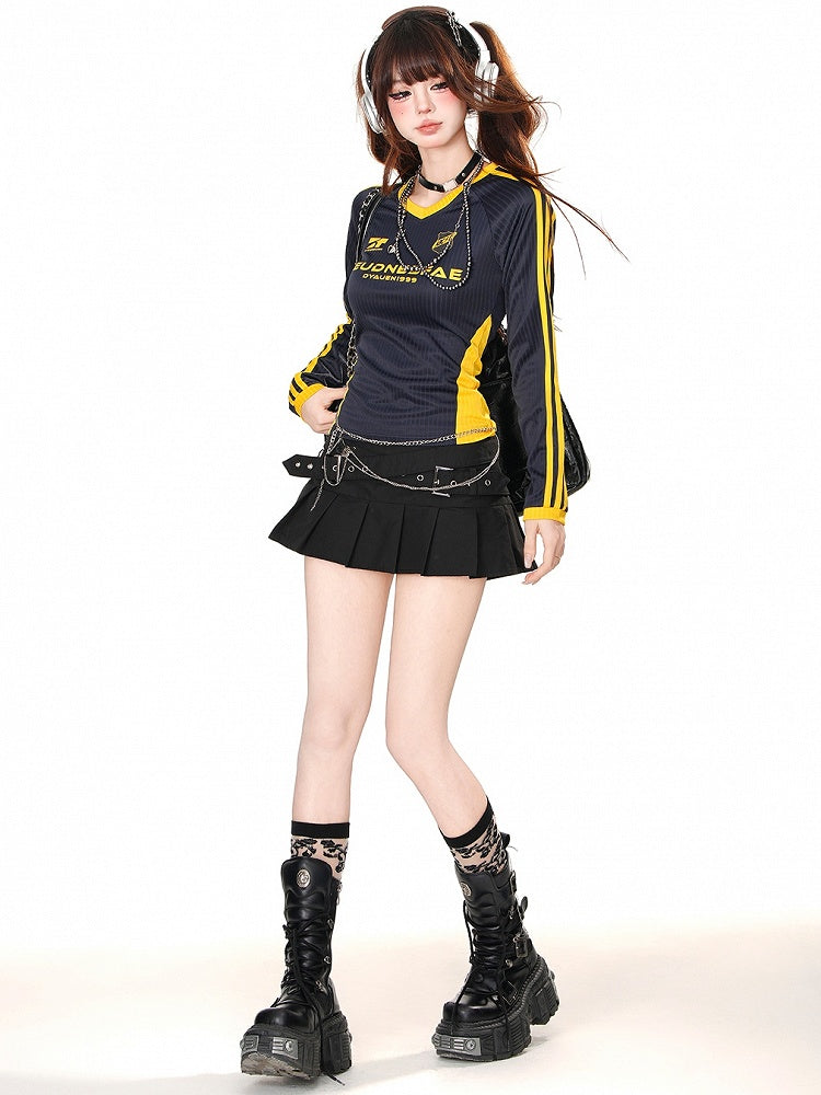 Pink/Black/Navy Blue Letters Print V-neck Striped Sports Top