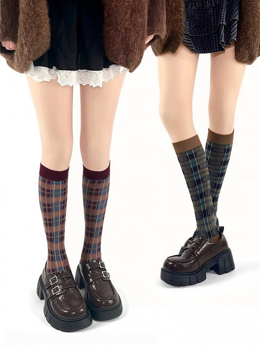 Calf Retro Striped Pattern Plaid Red Socks Khaki/Black/Wine