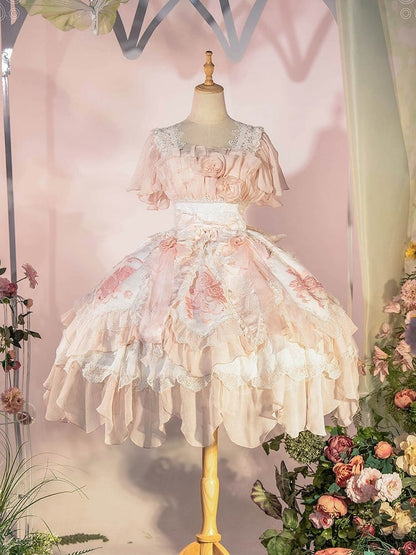 Version JSK Dress Hanayome Lolita Accents Pink with Light Short Flowing Ruffles Rose Layered