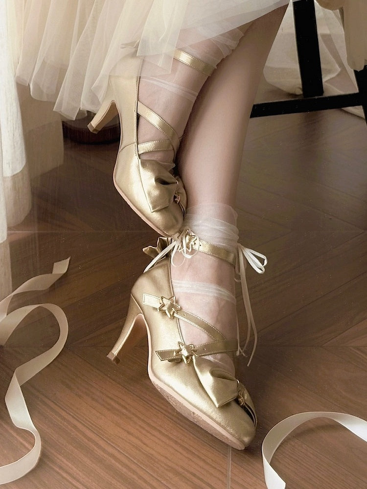 Top Bow at Sweet Starry Golden High-heel Lolita Shoes Buckles