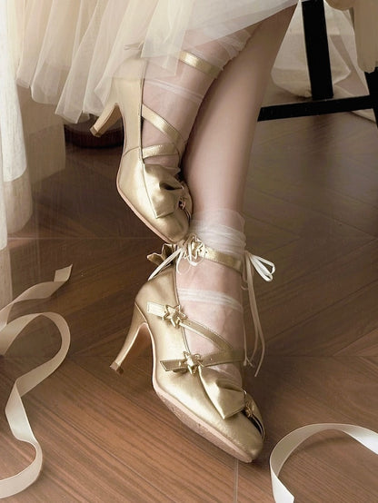 Top Bow at Sweet Starry Golden High-heel Lolita Shoes Buckles
