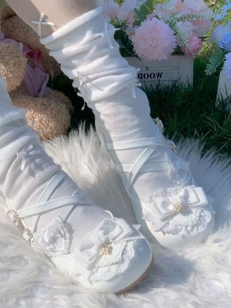 Sweet Mary Rhinestone Low-heel - Closure Heart White Janes