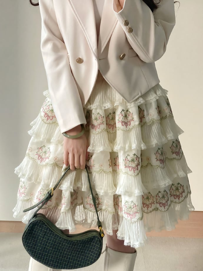 Skirt Flower Elegant Embroidery with Green Pink Details Tencel Lolita Multi-Layered