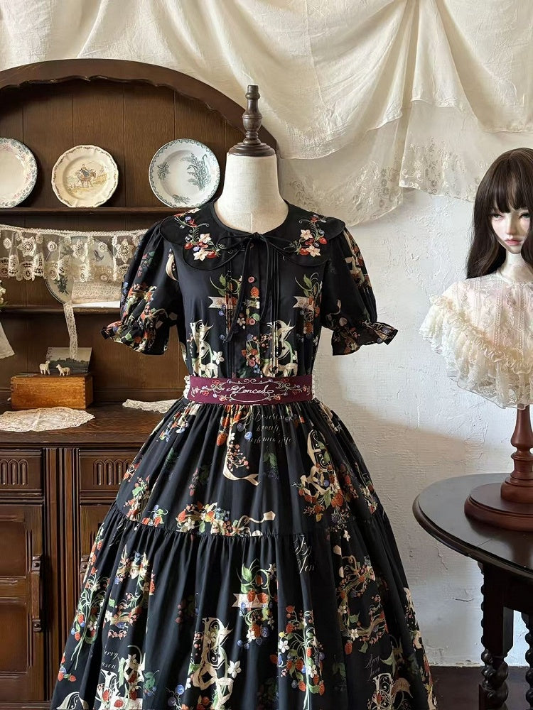 Black Floral Print Long Dress with Berry Embroidery and Lace - Zoncel