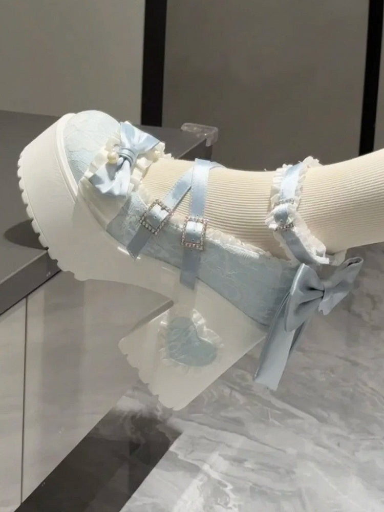 High Block Fastener Ornate Heels Crystal Baby Blue Lolita Sweet -