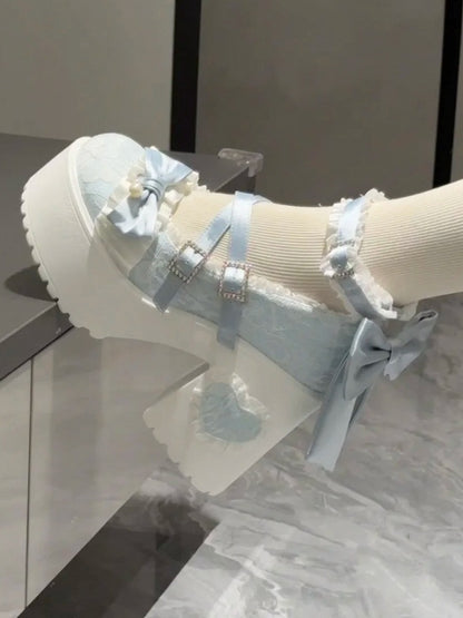 High Block Fastener Ornate Heels Crystal Baby Blue Lolita Sweet -