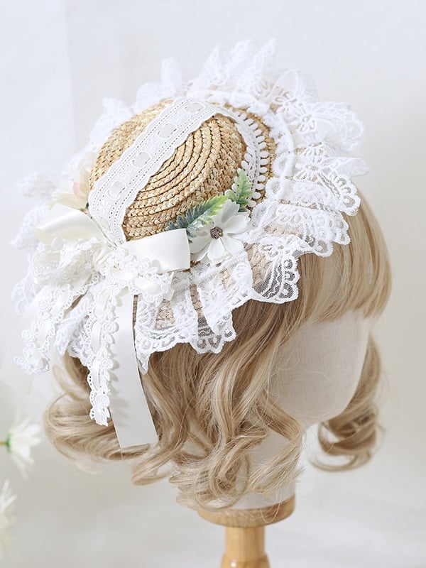 Straw Options 8 - With Flower Lace Bowknot Decorated Lolita Color Country Mini Hat