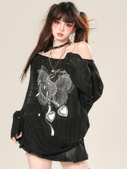 Top Schwarz Glamorous Bittersweet Schutz Ärmel Lange Schmetterling Druck Sonne