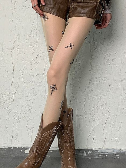 タイツプリントファッションギャルクロスY2Kパンクヌードウェイストランド