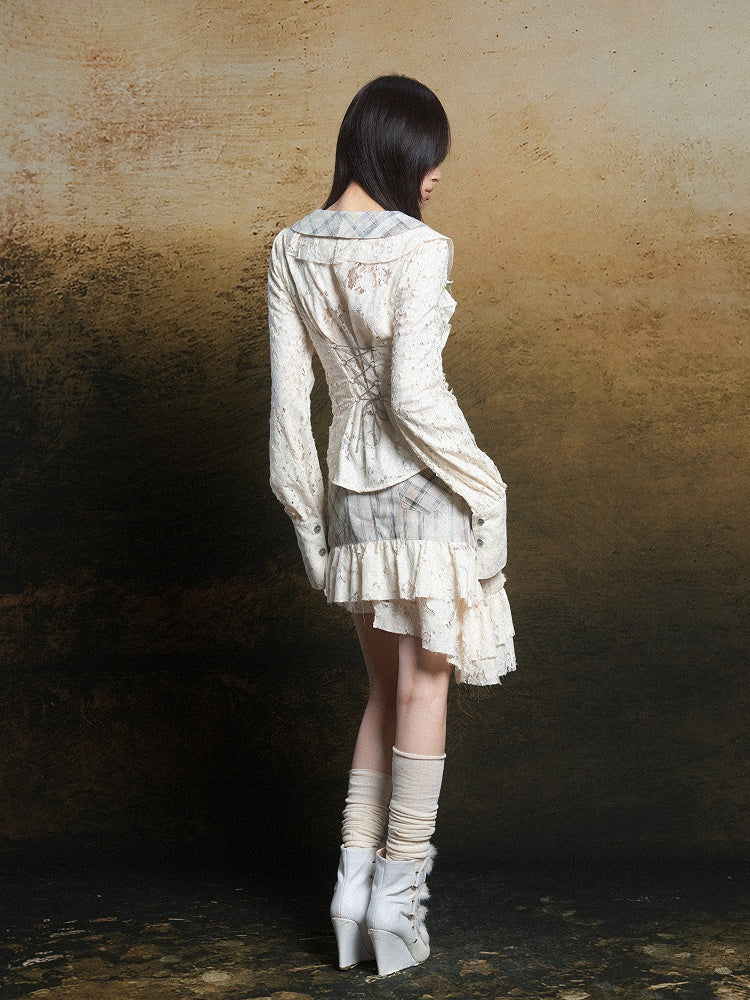 Apricot Romantic Lace Blouse Plaid Collar Punk Polo Crisscross with Lacing