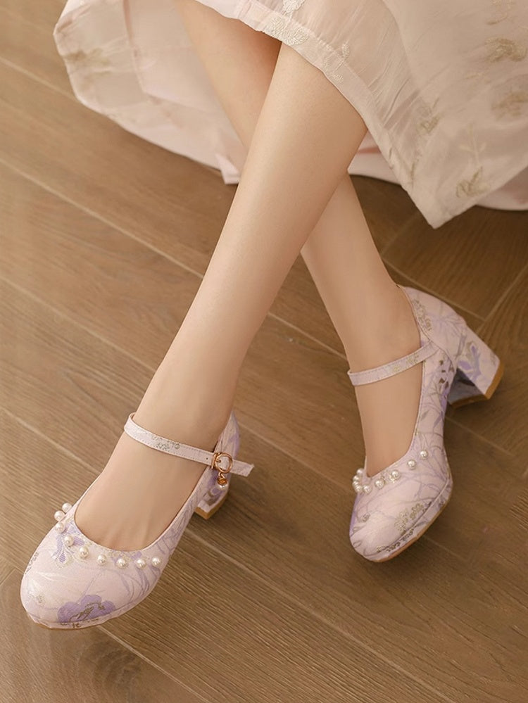 Lila Verzierungen Lolita Mid-heels Floral Qi Perlen mit